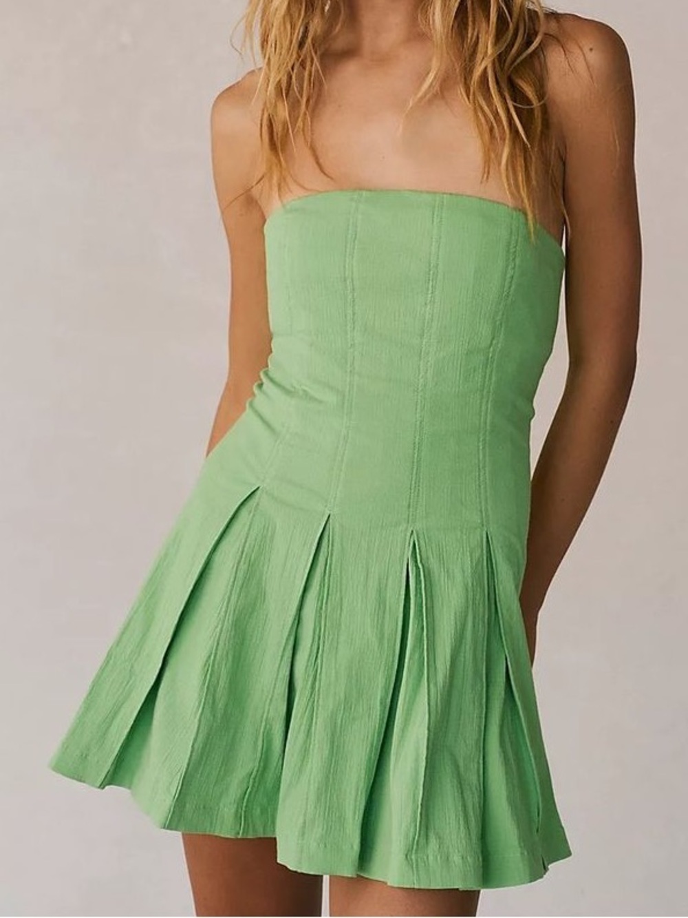 Free People Strapless Lime Green Pleated Mini Dress Made Me Smile S/P